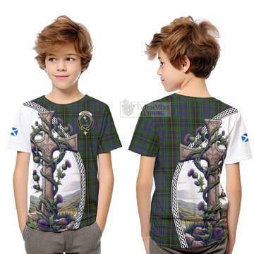 Tartan Vibes Clothing MacInnes (McInnes) Tartan Kid T-Shirt with Family Crest and St. Andrew's Cross Accented by Thistle Vines