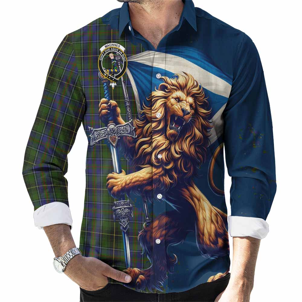 Tartan Vibes Clothing MacInnes (McInnes) Tartan Family Crest Long Sleeve Button Shirt with Scottish Majestic Lion