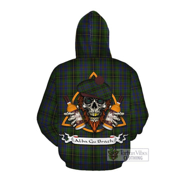 MacInnes (McInnes) Tartan Cotton Hoodie with Family Crest and Bearded Skull Holding Bottles of Whiskey