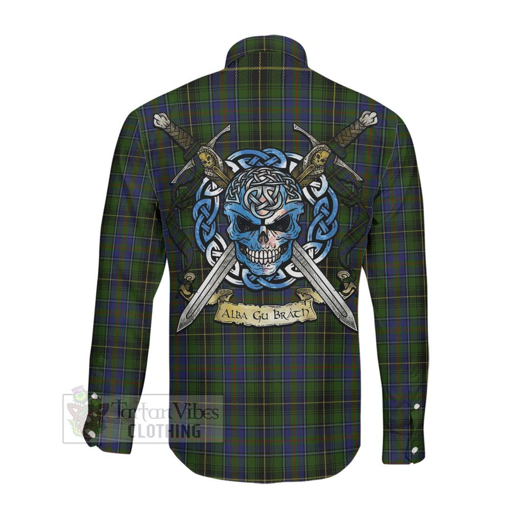 Tartan Vibes Clothing MacInnes (McInnes) Tartan Long Sleeve Button Shirt with Family Crest Celtic Skull Style