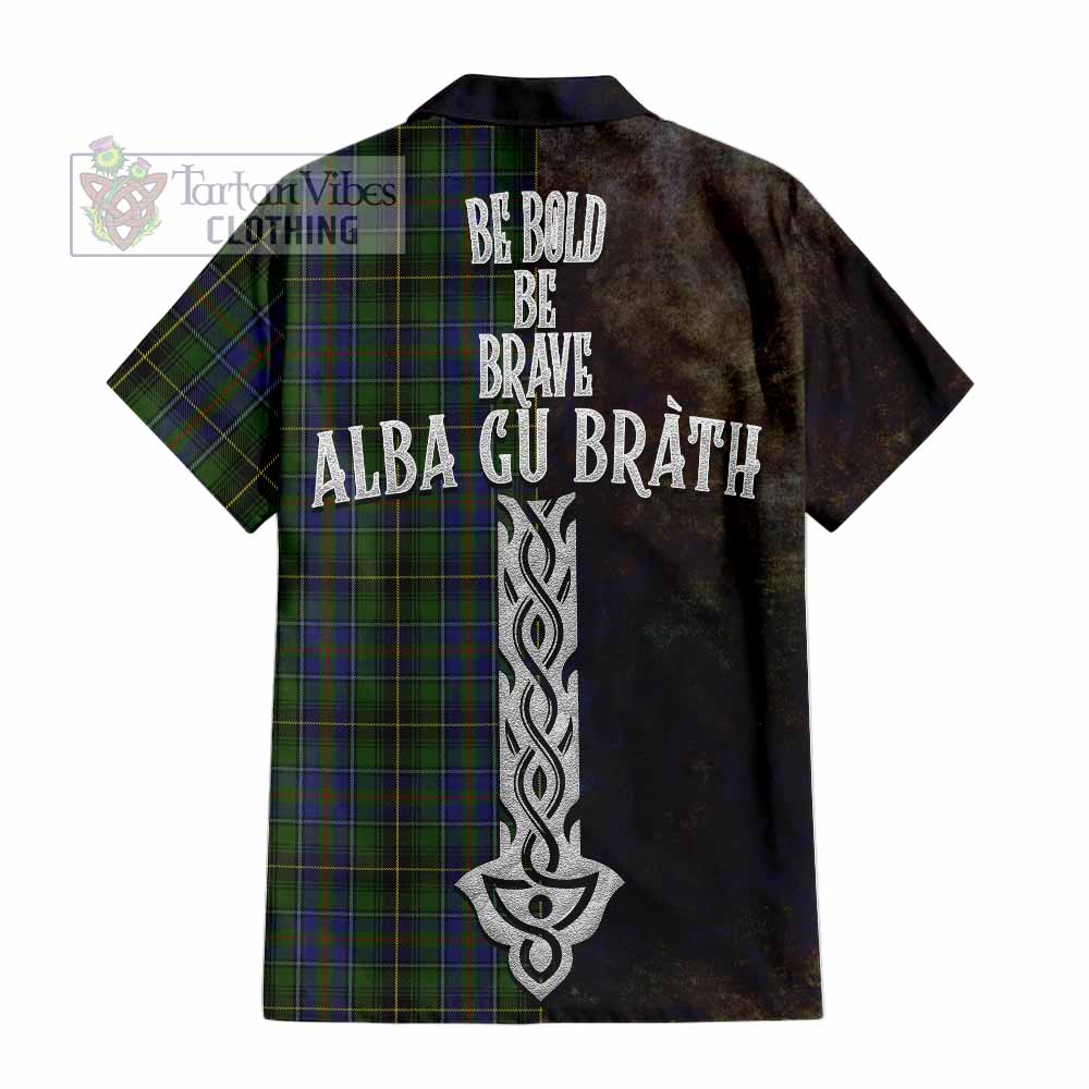 Tartan Vibes Clothing MacInnes (McInnes) Tartan Family Crest Short Sleeve Button Shirt Alba Gu Brath Be Brave Lion Ancient Style