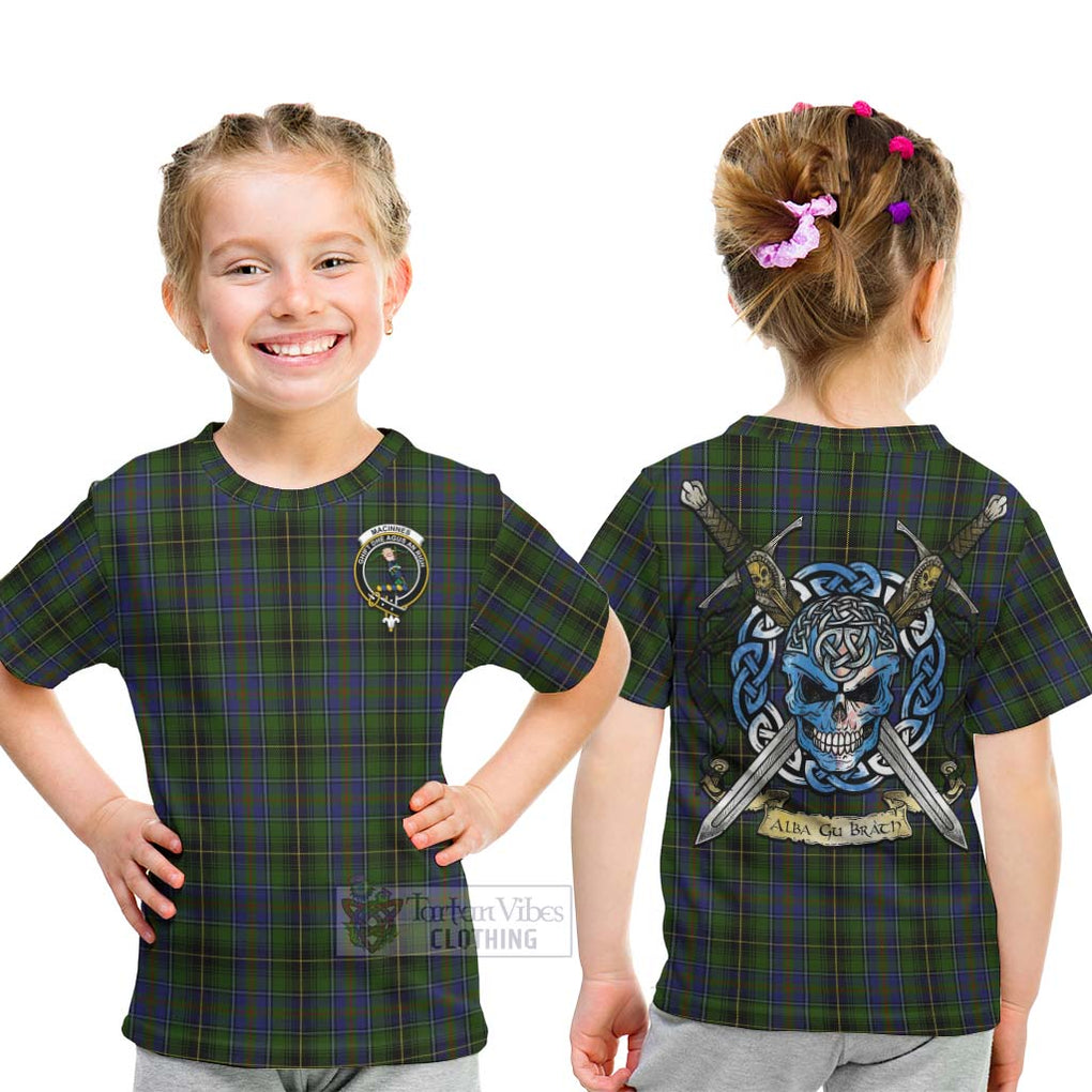 Tartan Vibes Clothing MacInnes (McInnes) Tartan Kid T-Shirt with Family Crest Celtic Skull Style