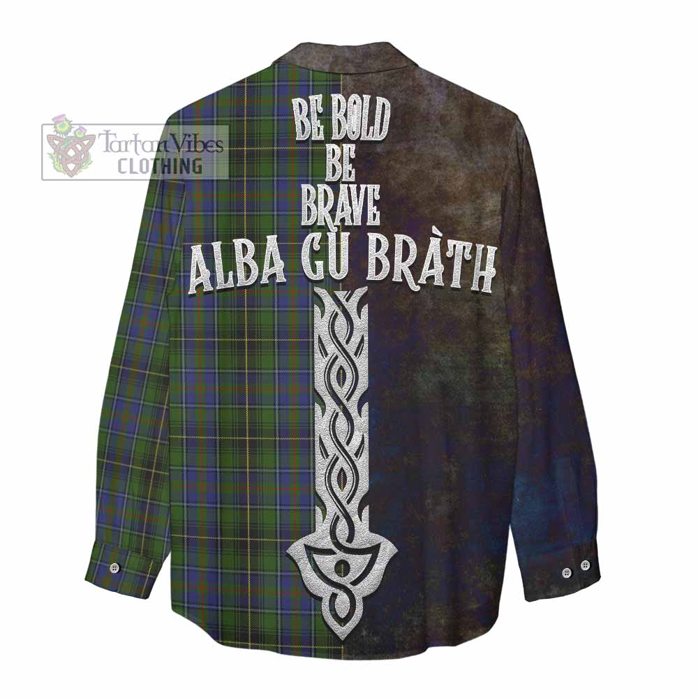 Tartan Vibes Clothing MacInnes (McInnes) Tartan Family Crest Women's Casual Shirt Alba Gu Brath Be Brave Lion Ancient Style