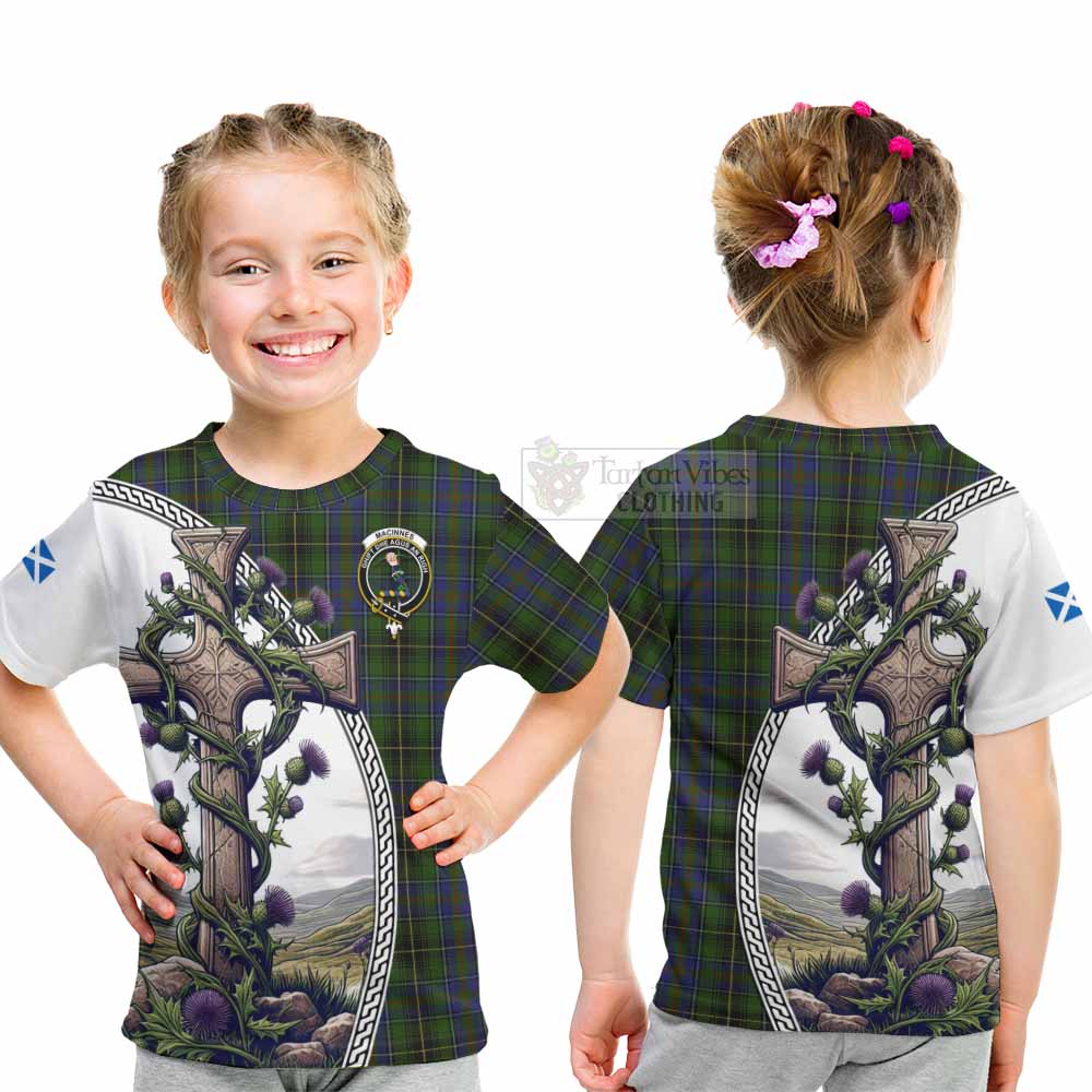 Tartan Vibes Clothing MacInnes (McInnes) Tartan Kid T-Shirt with Family Crest and St. Andrew's Cross Accented by Thistle Vines
