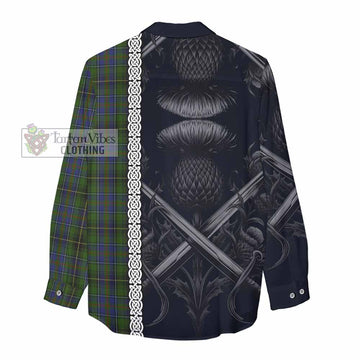 Tartan Vibes Clothing MacInnes (McInnes) Tartan Women's Casual Shirt with Family Crest Cross Sword Thistle Celtic Vibes