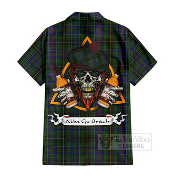 MacInnes (McInnes) Tartan Hawaiian Shirt with Family Crest and Bearded Skull Holding Bottles of Whiskey