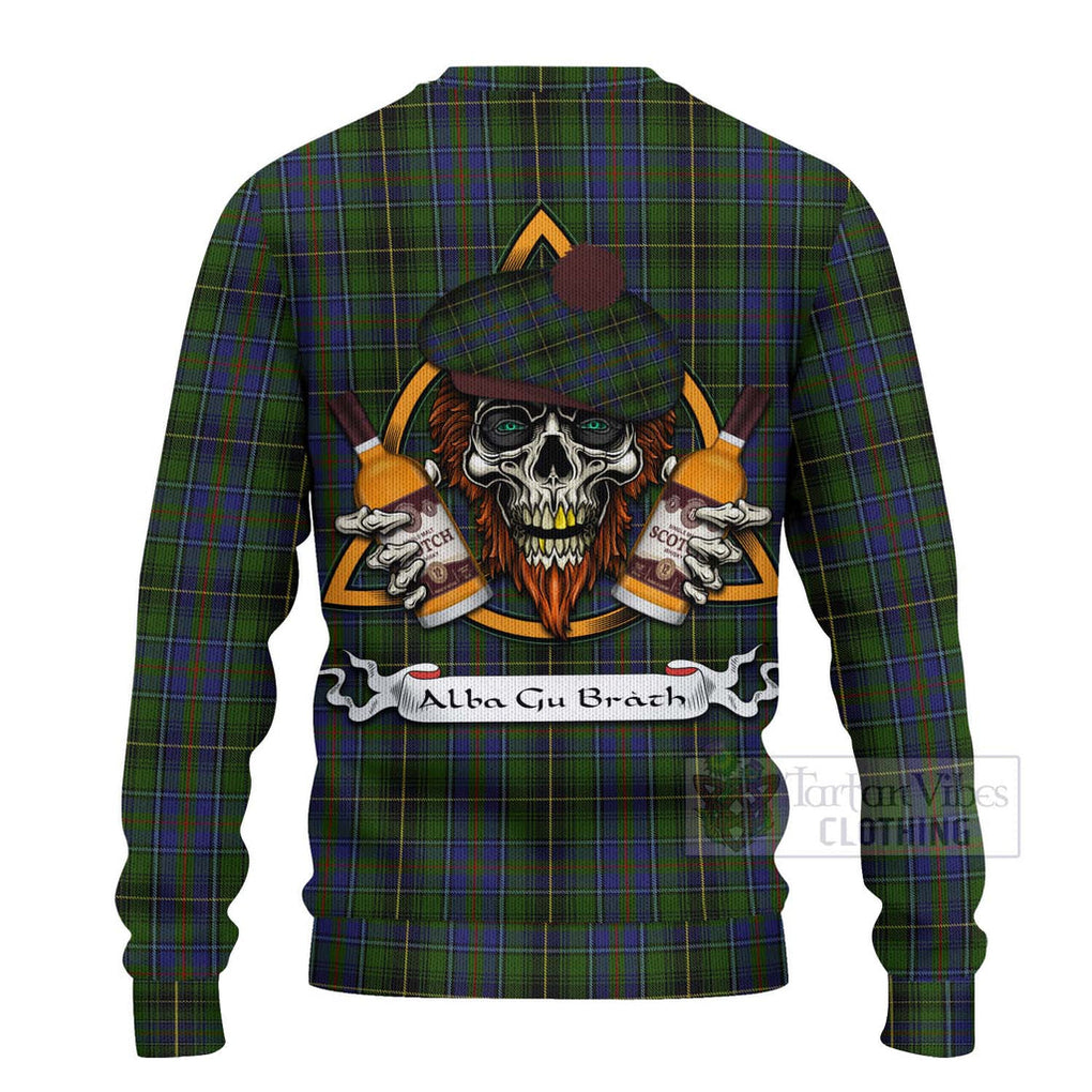 Tartan Vibes Clothing MacInnes (McInnes) Tartan Knitted Sweater with Family Crest and Bearded Skull Holding Bottles of Whiskey