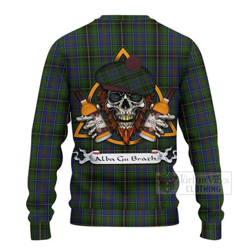 Tartan Vibes Clothing MacInnes (McInnes) Tartan Knitted Sweater with Family Crest and Bearded Skull Holding Bottles of Whiskey