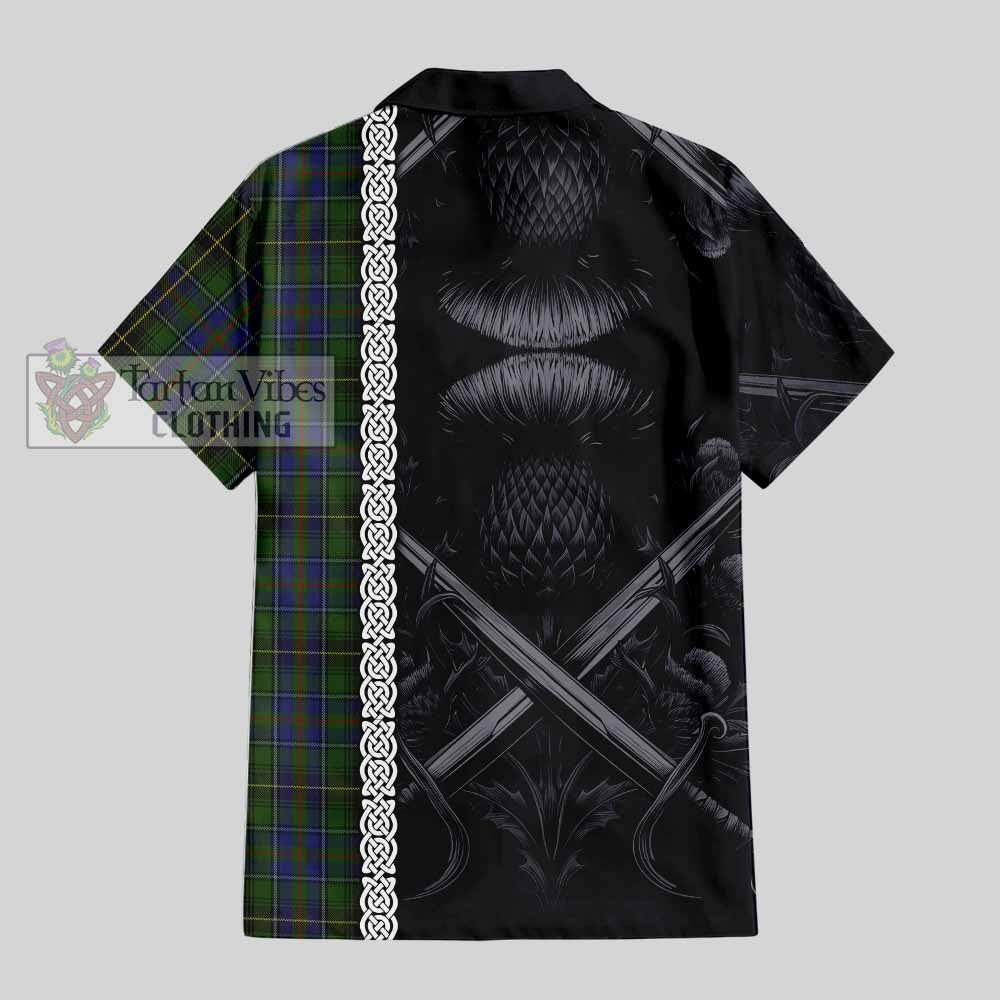 Tartan Vibes Clothing MacInnes (McInnes) Tartan Short Sleeve Button Shirt with Family Crest Cross Sword Thistle Celtic Vibes