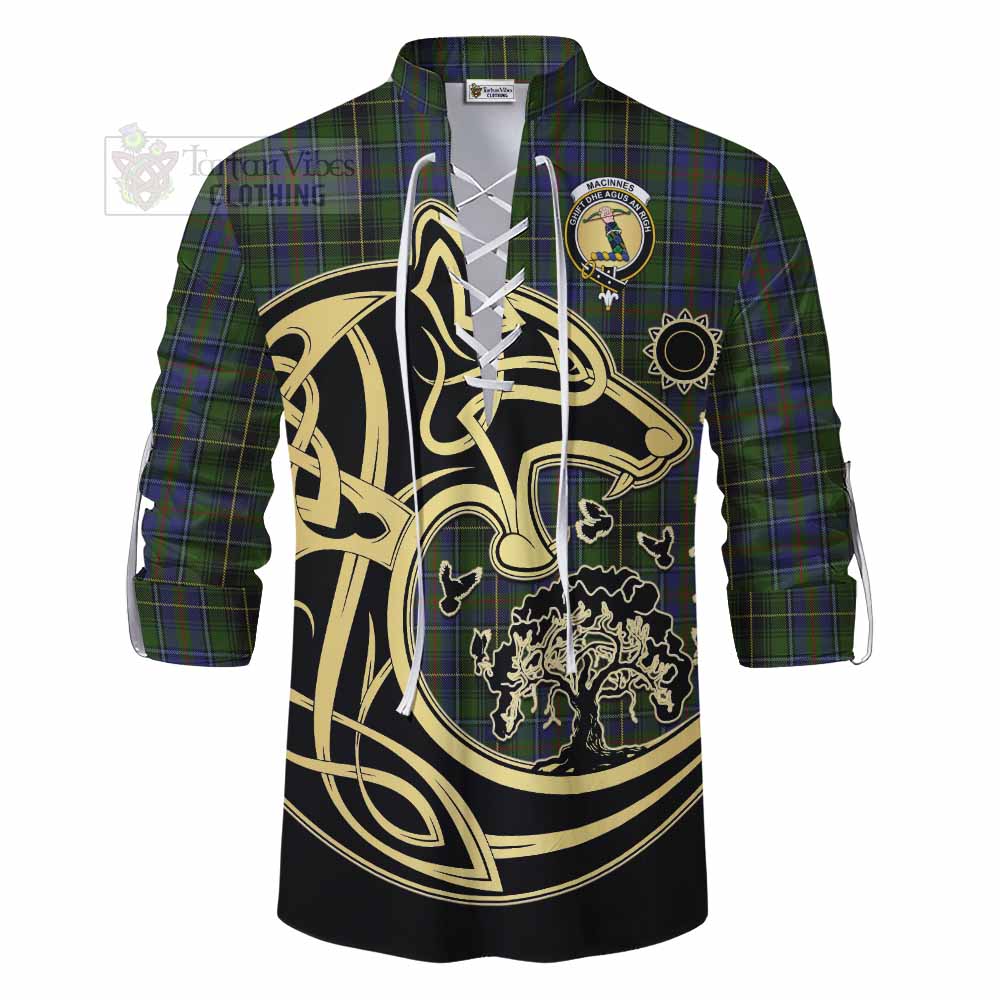 Tartan Vibes Clothing MacInnes (McInnes) Tartan Ghillie Kilt Shirt with Family Crest Celtic Wolf Style