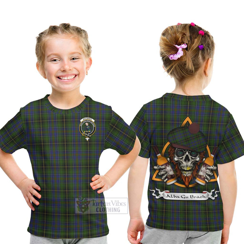 Tartan Vibes Clothing MacInnes (McInnes) Tartan Kid T-Shirt with Family Crest and Bearded Skull Holding Bottles of Whiskey
