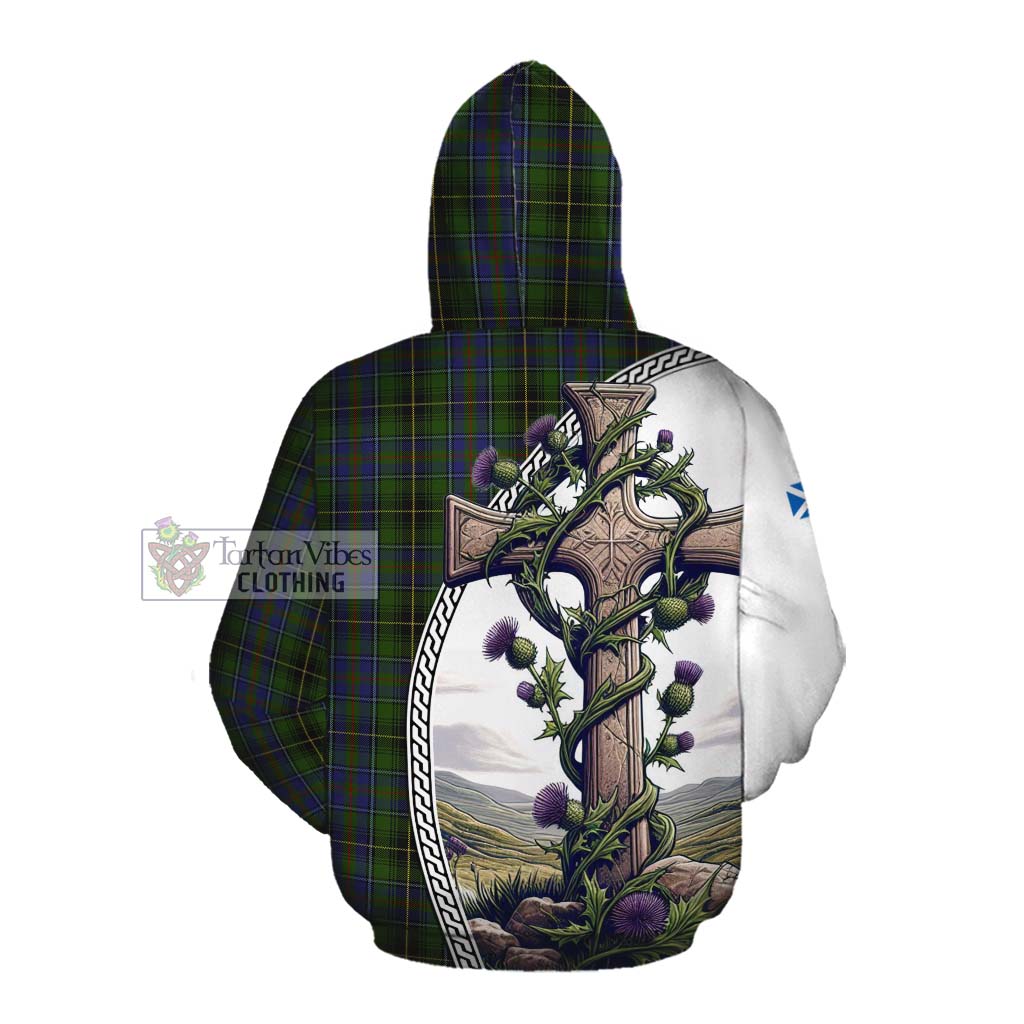 Tartan Vibes Clothing MacInnes (McInnes) Tartan Cotton Hoodie with Family Crest and St. Andrew's Cross Accented by Thistle Vines