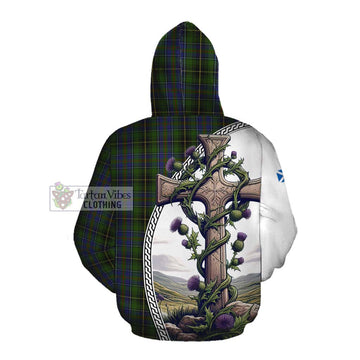 MacInnes (McInnes) Tartan Cotton Hoodie with Family Crest and St. Andrew's Cross Accented by Thistle Vines
