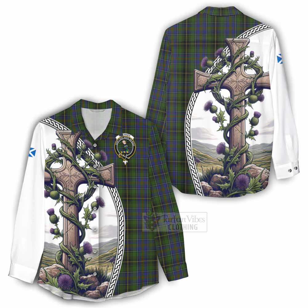Tartan Vibes Clothing MacInnes (McInnes) Tartan Women's Casual Shirt with Family Crest and St. Andrew's Cross Accented by Thistle Vines