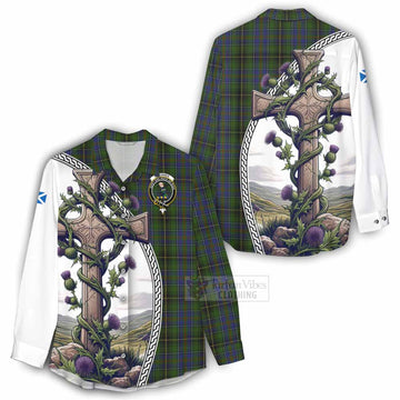 Tartan Vibes Clothing MacInnes (McInnes) Tartan Women's Casual Shirt with Family Crest and St. Andrew's Cross Accented by Thistle Vines