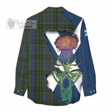 Tartan Vibes Clothing MacInnes (McInnes) Tartan Family Crest Women's Casual Shirt Scottish Thistle Celtic Inspired
