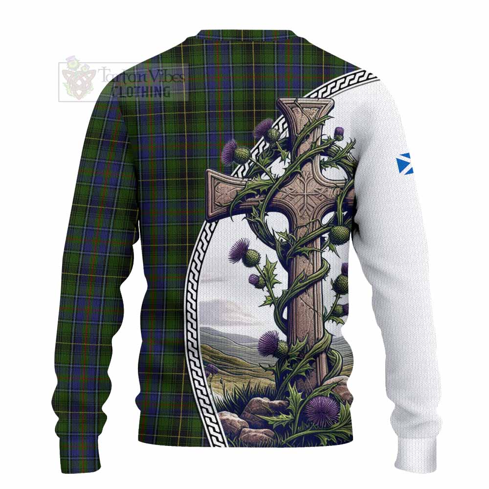 Tartan Vibes Clothing MacInnes (McInnes) Tartan Knitted Sweater with Family Crest and St. Andrew's Cross Accented by Thistle Vines