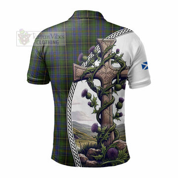 MacInnes (McInnes) Tartan Polo Shirt with Family Crest and St. Andrew's Cross Accented by Thistle Vines