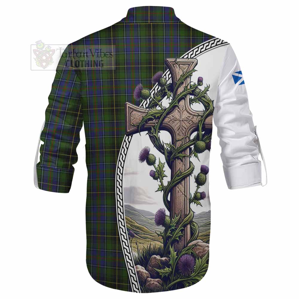 Tartan Vibes Clothing MacInnes (McInnes) Tartan Ghillie Kilt Shirt with Family Crest and St. Andrew's Cross Accented by Thistle Vines