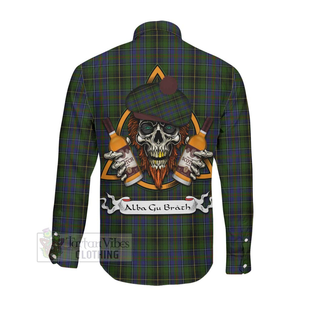 Tartan Vibes Clothing MacInnes (McInnes) Tartan Long Sleeve Button Shirt with Family Crest and Bearded Skull Holding Bottles of Whiskey