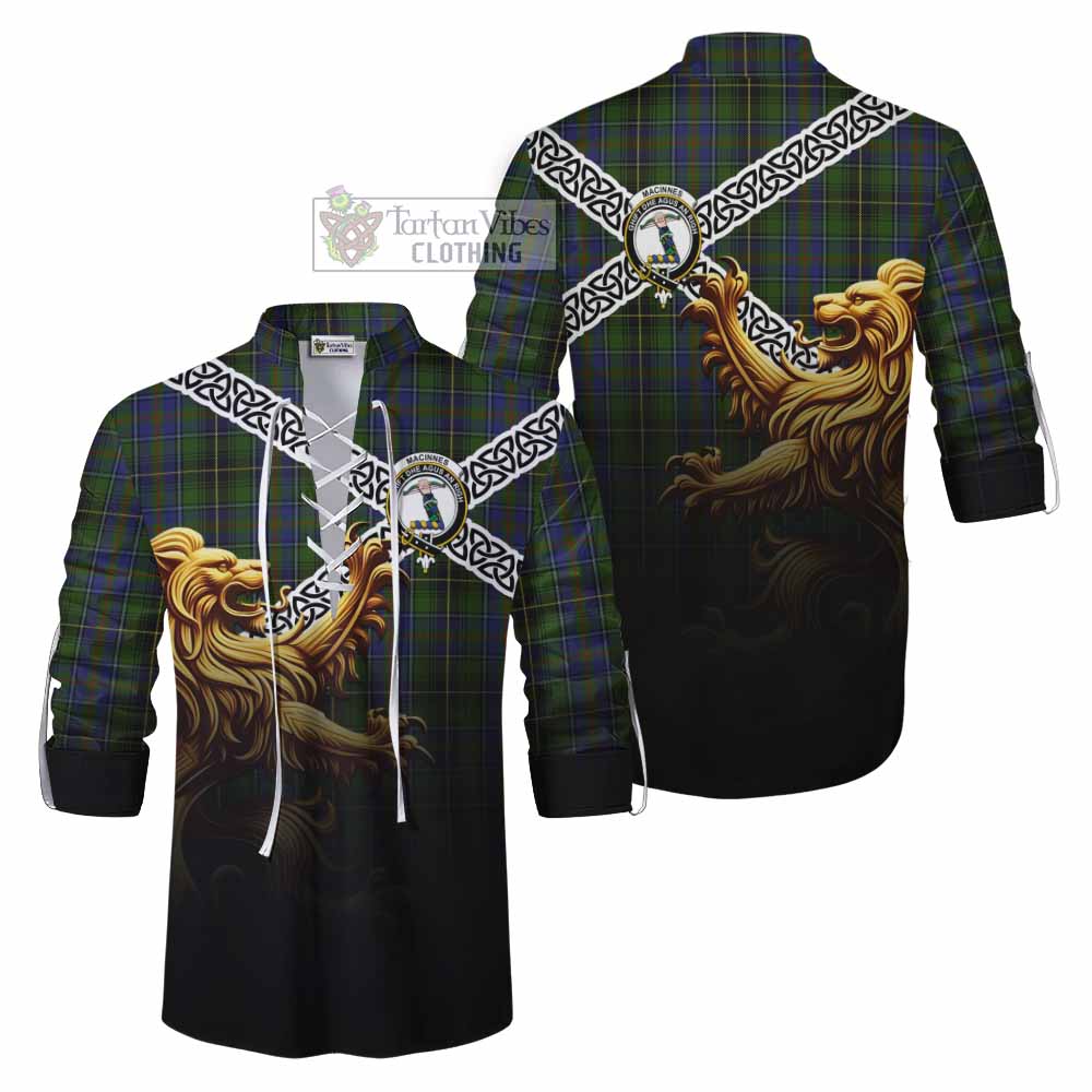 Tartan Vibes Clothing MacInnes (McInnes) Crest Tartan Ghillie Kilt Shirt with Golden Lion Emblem Celtic Style