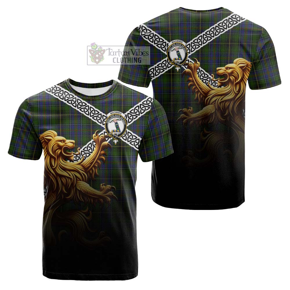 Tartan Vibes Clothing MacInnes (McInnes) Crest Tartan Cotton T-shirt with Golden Lion Emblem Celtic Style