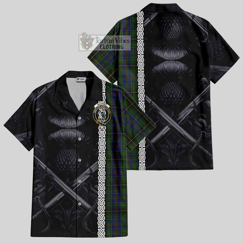 Tartan Vibes Clothing MacInnes (McInnes) Tartan Short Sleeve Button Shirt with Family Crest Cross Sword Thistle Celtic Vibes