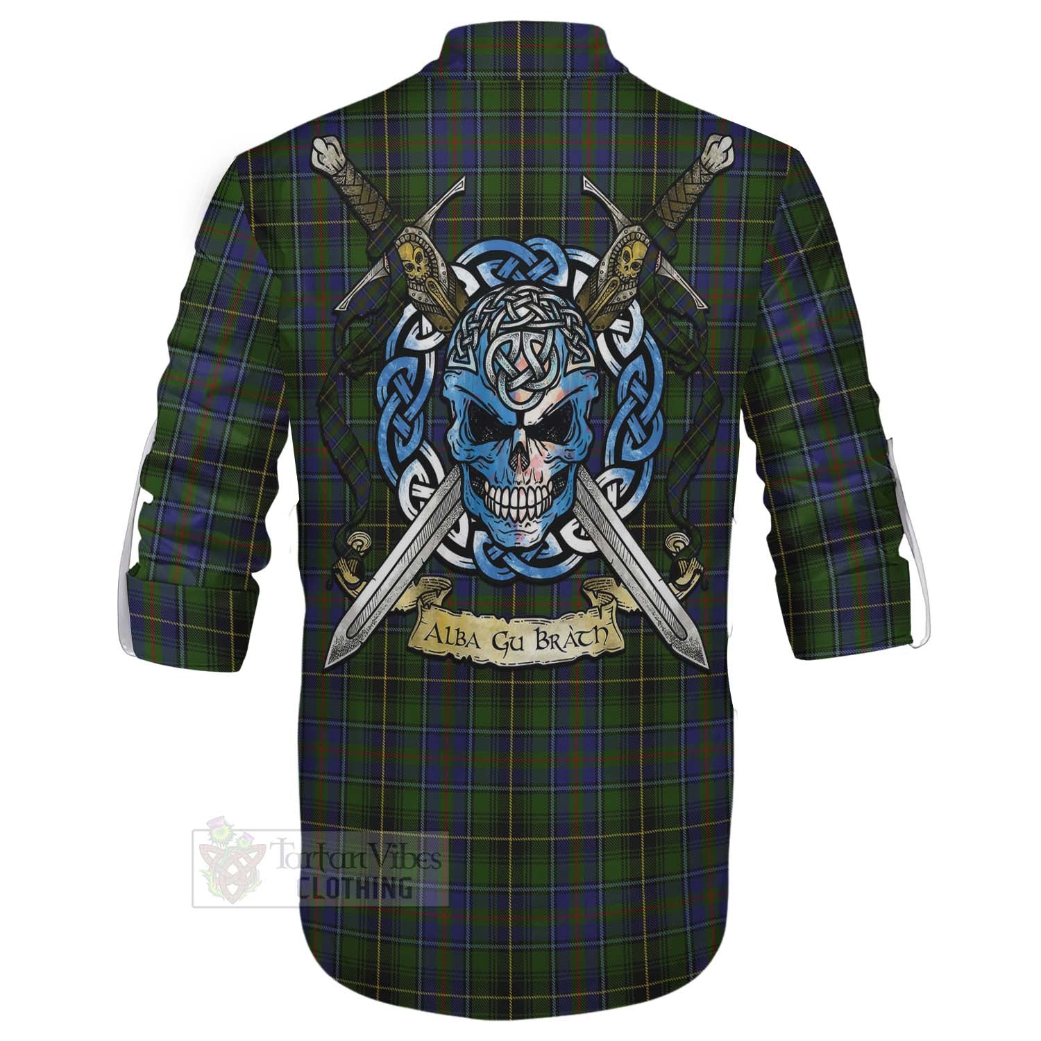 Tartan Vibes Clothing MacInnes (McInnes) Tartan Ghillie Kilt Shirt with Family Crest Celtic Skull Style