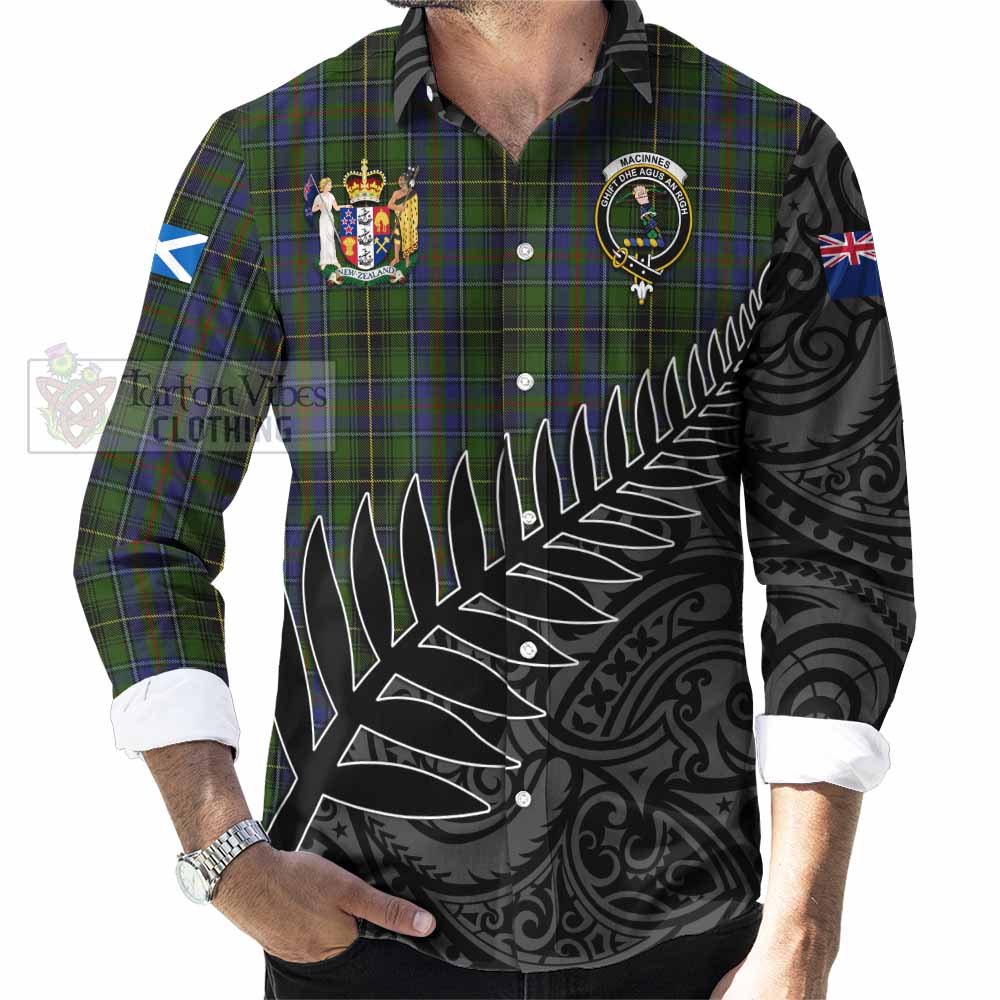 Tartan Vibes Clothing MacInnes (McInnes) Crest Tartan Long Sleeve Button Shirt with New Zealand Silver Fern Half Style