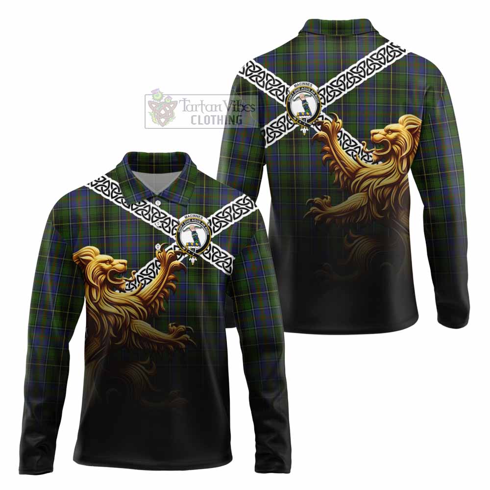Tartan Vibes Clothing MacInnes (McInnes) Crest Tartan Long Sleeve Polo Shirt with Golden Lion Emblem Celtic Style