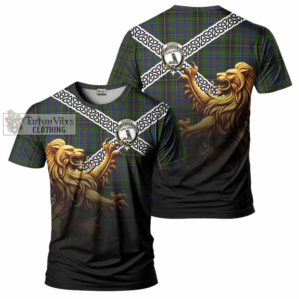 Tartan Vibes Clothing MacInnes (McInnes) Crest Tartan T-Shirt with Golden Lion Emblem Celtic Style