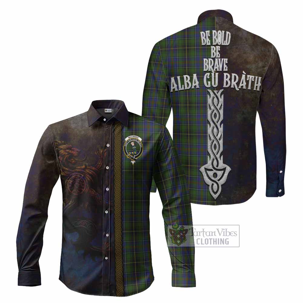 Tartan Vibes Clothing MacInnes (McInnes) Tartan Family Crest Long Sleeve Button Shirt Alba Gu Brath Be Brave Lion Ancient Style