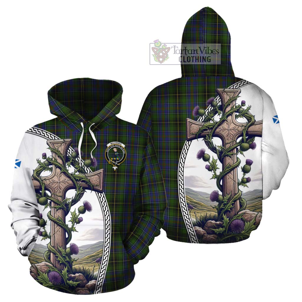 Tartan Vibes Clothing MacInnes (McInnes) Tartan Cotton Hoodie with Family Crest and St. Andrew's Cross Accented by Thistle Vines