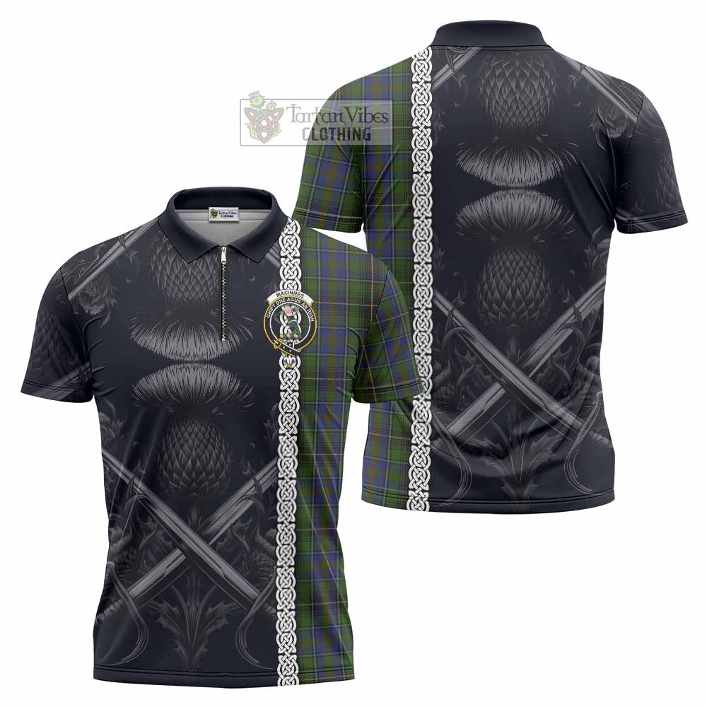 Tartan Vibes Clothing MacInnes (McInnes) Tartan Zipper Polo Shirt with Family Crest Cross Sword Thistle Celtic Vibes