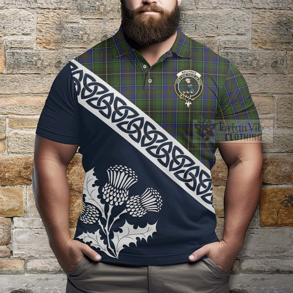 MacInnes (McInnes) Tartan Polo Shirt Featuring Thistle and Scotland Map