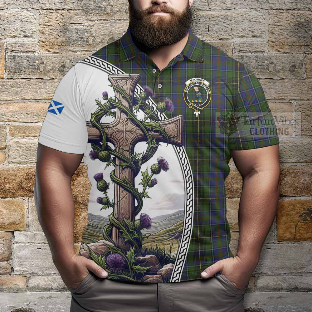 Tartan Vibes Clothing MacInnes (McInnes) Tartan Polo Shirt with Family Crest and St. Andrew's Cross Accented by Thistle Vines