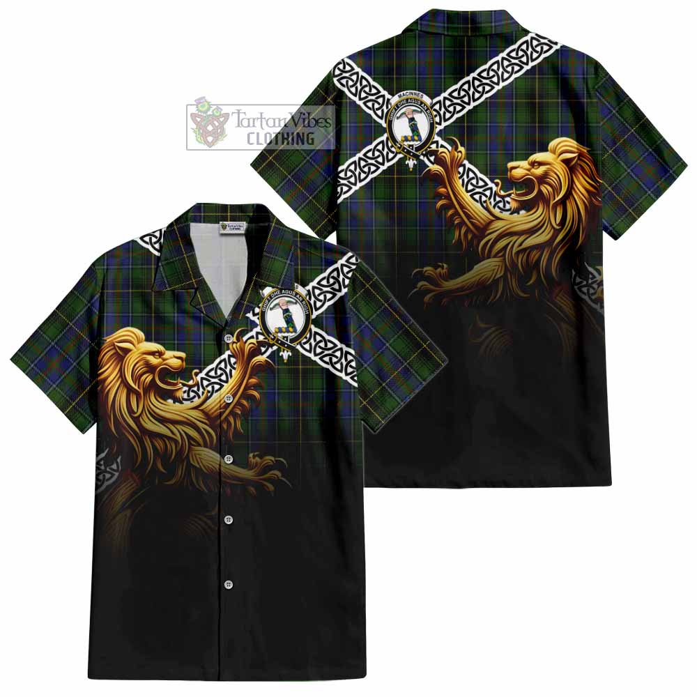 Tartan Vibes Clothing MacInnes (McInnes) Crest Tartan Short Sleeve Button Shirt with Golden Lion Emblem Celtic Style