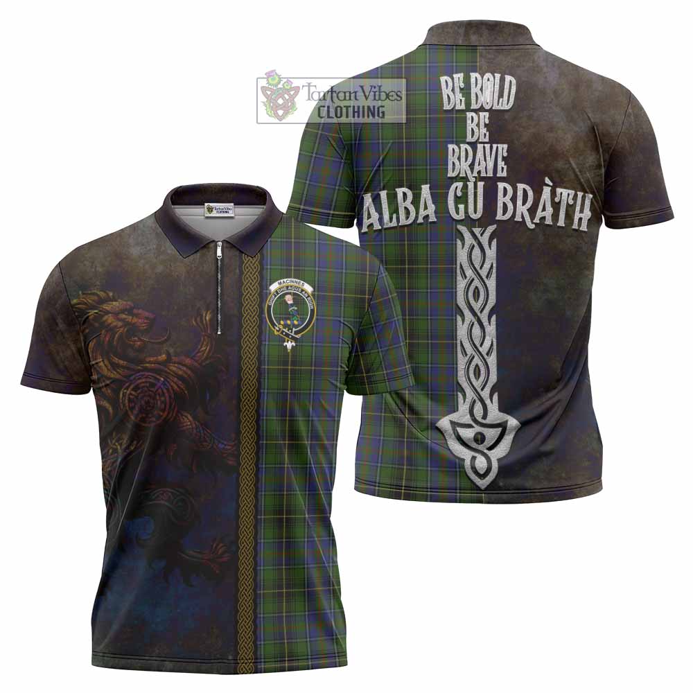 Tartan Vibes Clothing MacInnes (McInnes) Tartan Family Crest Zipper Polo Shirt Alba Gu Brath Be Brave Lion Ancient Style