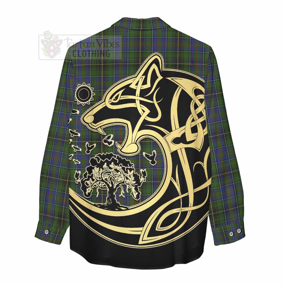 Tartan Vibes Clothing MacInnes (McInnes) Tartan Women's Casual Shirt with Family Crest Celtic Wolf Style