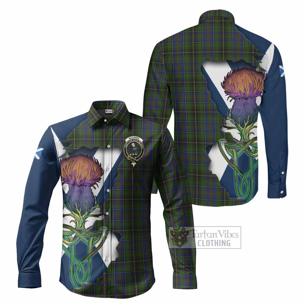 Tartan Vibes Clothing MacInnes (McInnes) Tartan Family Crest Long Sleeve Button Shirt Scottish Thistle Celtic Inspired