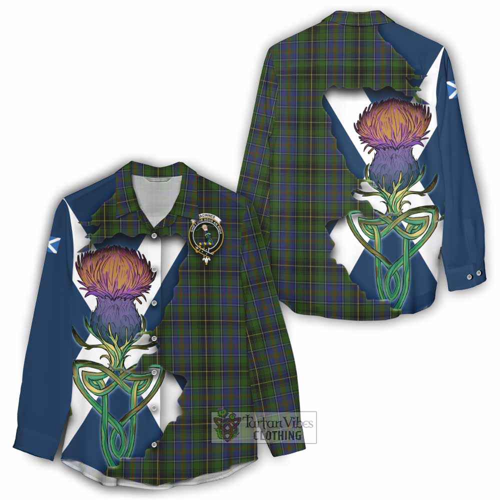 Tartan Vibes Clothing MacInnes (McInnes) Tartan Family Crest Women's Casual Shirt Scottish Thistle Celtic Inspired
