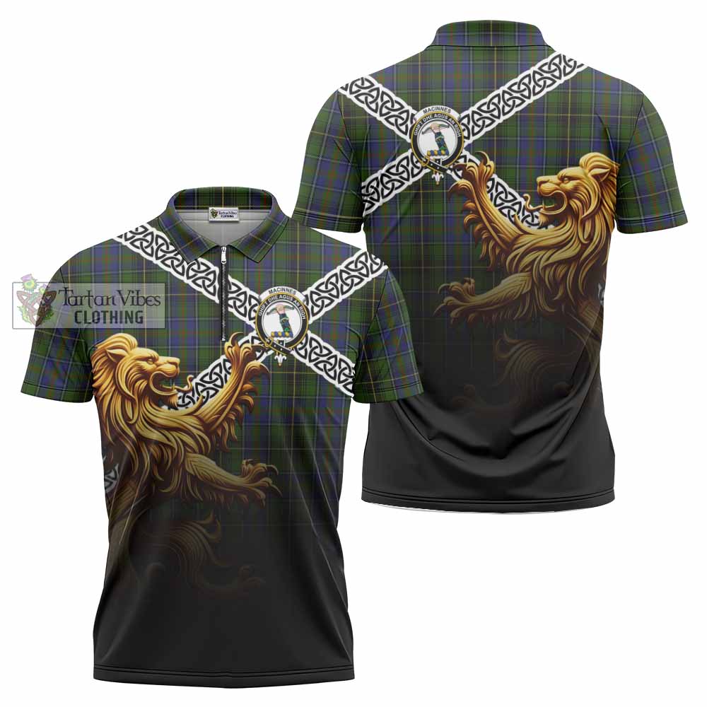 Tartan Vibes Clothing MacInnes (McInnes) Crest Tartan Zipper Polo Shirt with Golden Lion Emblem Celtic Style