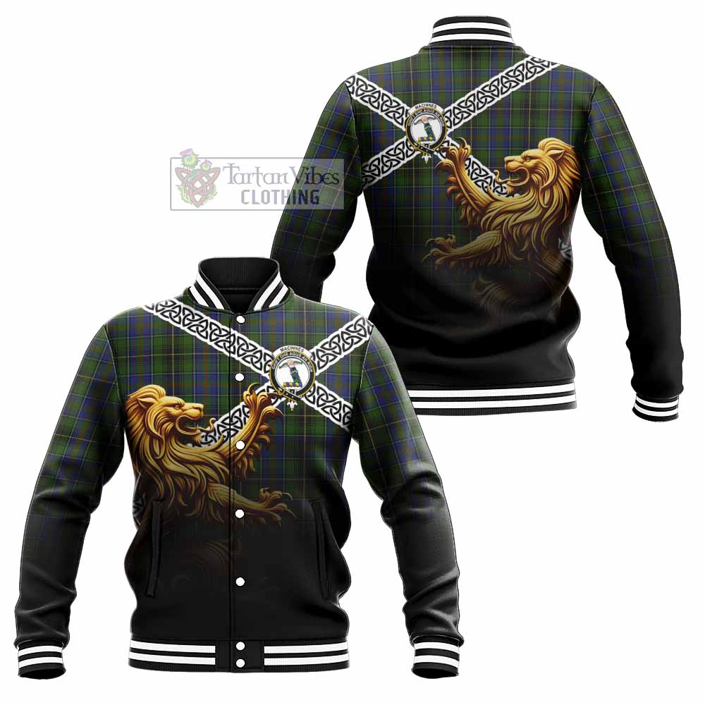 Tartan Vibes Clothing MacInnes (McInnes) Crest Tartan Baseball Jacket with Golden Lion Emblem Celtic Style