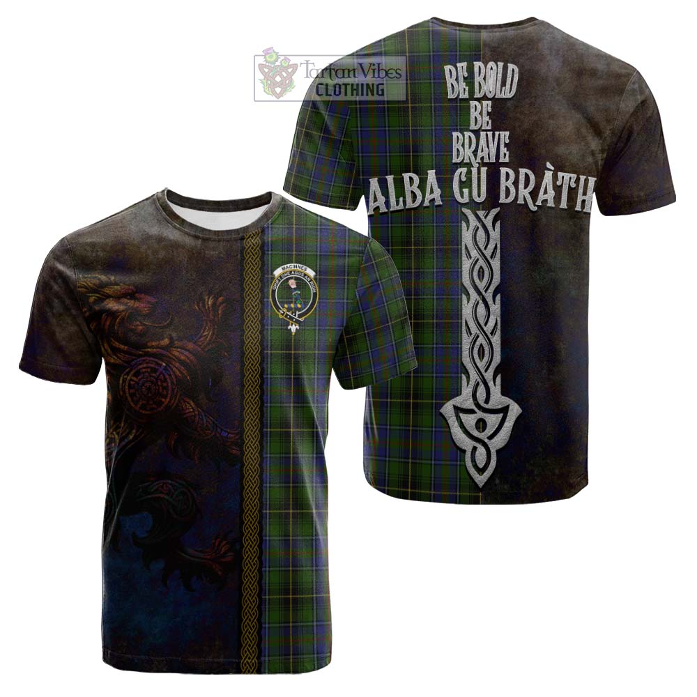 Tartan Vibes Clothing MacInnes (McInnes) Tartan Family Crest Cotton T-shirt Alba Gu Brath Be Brave Lion Ancient Style