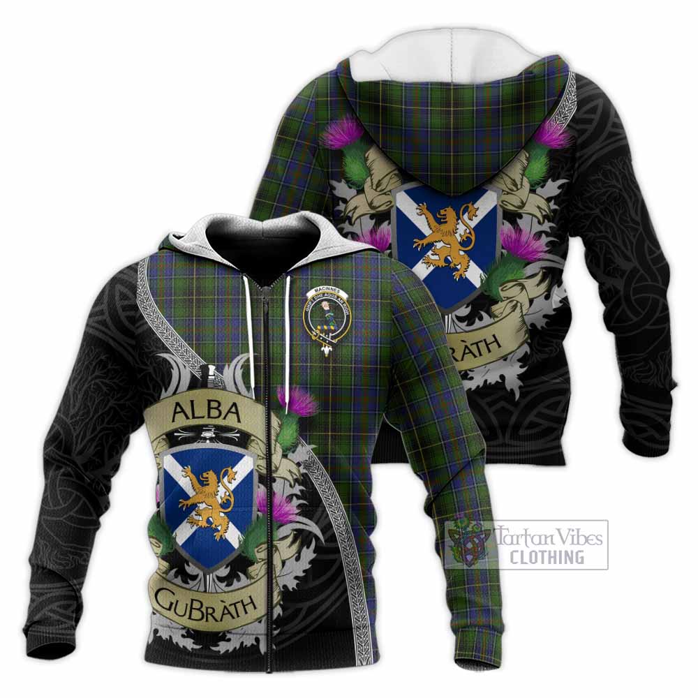 Tartan Vibes Clothing MacInnes (McInnes) Tartan Family Crest Knitted Hoodie Lion Rampant Royal Thistle Shield Celtic Inspired