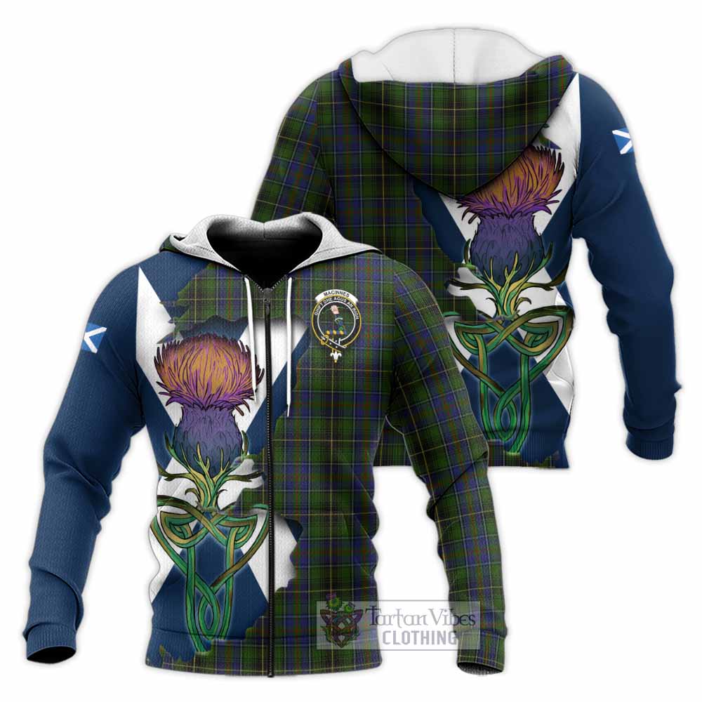 Tartan Vibes Clothing MacInnes (McInnes) Tartan Family Crest Knitted Hoodie Scottish Thistle Celtic Inspired