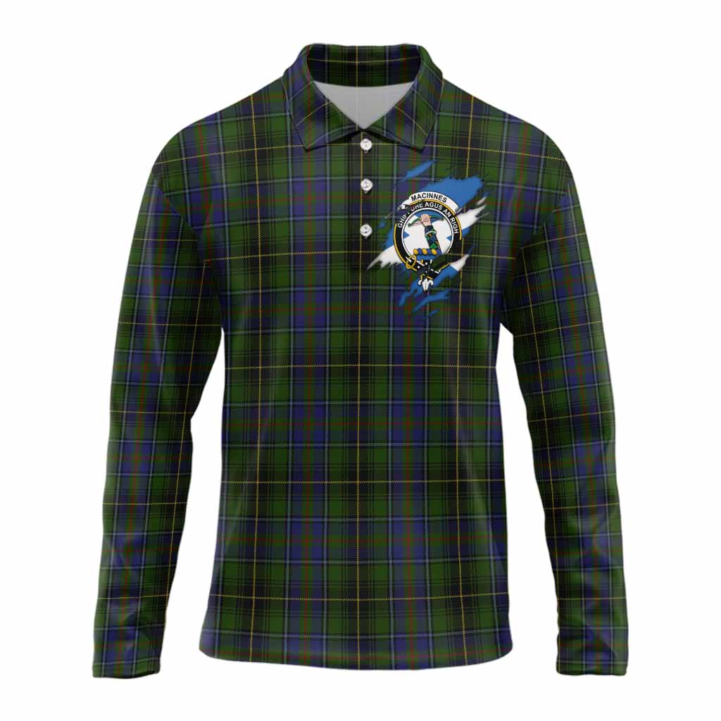 MacInnes (McInnes) Clan Crest In Me Tartan Long Sleeve Polo Shirt Scotland Flag Style