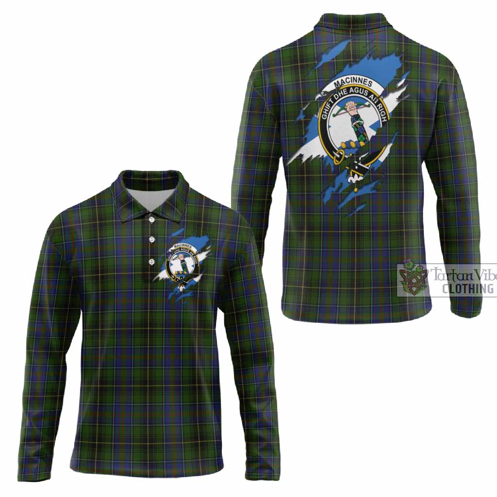 MacInnes (McInnes) Clan Crest In Me Tartan Long Sleeve Polo Shirt Scotland Flag Style