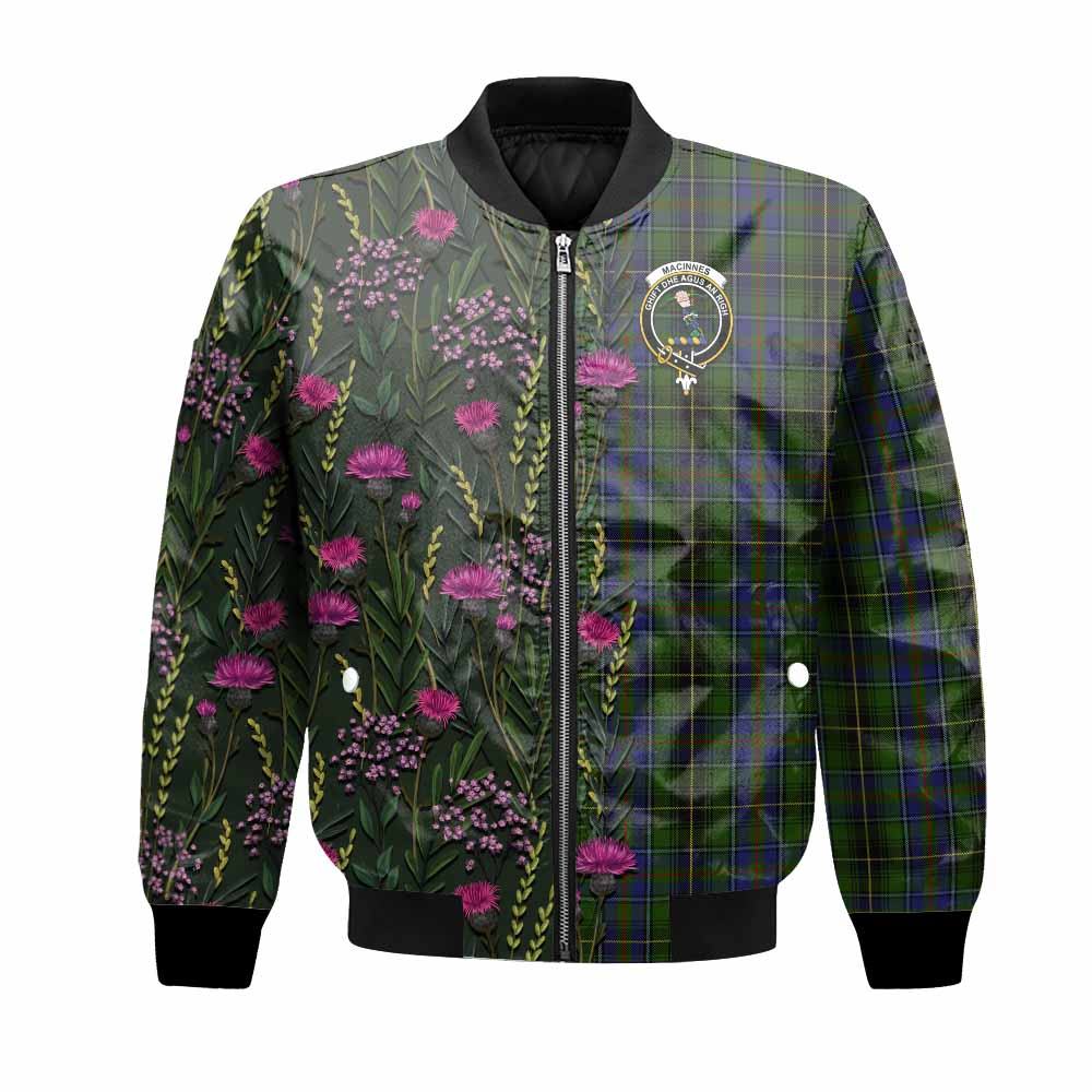 MacInnes (McInnes) Family Crest Tartan Bomber Jacket Scottish Thistle Flower Pattern Half Style - Tartan Vibes Clothing