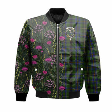 MacInnes (McInnes) Family Crest Tartan Bomber Jacket Scottish Thistle Flower Pattern Half Style
